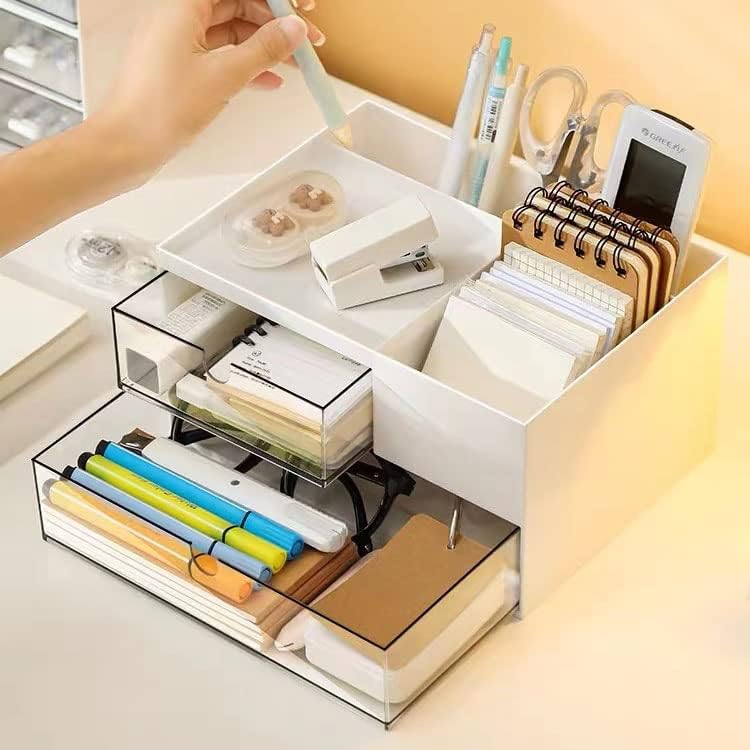 Desk Drawer Organizer, Desk Storage Box with 2 Drawers and 4 Compartments, Multifunctional Desk Accessories & Countertop Organizers for Office School Home (White） - Image 2