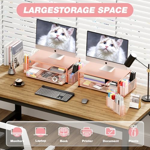 OPNICE Desk Organizer and Accessories, 2-Tier Computer Monitor Stand Riser with Drawer and 2 Pen Holders, Laptop Stand, Office Desk Accessories for Office Supplies, Rose - Image 4