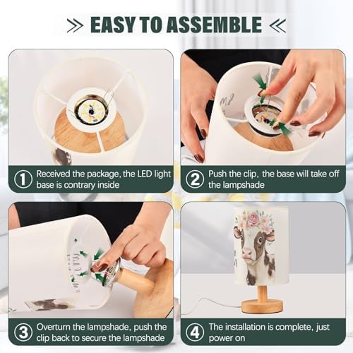 Fustylead Cow Lover Girl Quoted Floral Cows Bedside Table Lamps with USB Port for Bedroom LampSmall Nightstand Lamp Sturdy Linen Shade Wooden Base Decorative Lamps for Nursery Kids Reading Dorm Home - Image 6