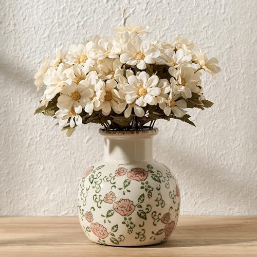 SIDUCAL Ceramic Vintage Vase, 5.91 Inch Retro Ice Cracked Chinoiserie Floral Vase, Rustic Farmhouse Vases for Home Decor, Bookshelf, Garden, Chinoiserie Decor, Tuscan Decor, Red Rose Pattern by SIDUCAL