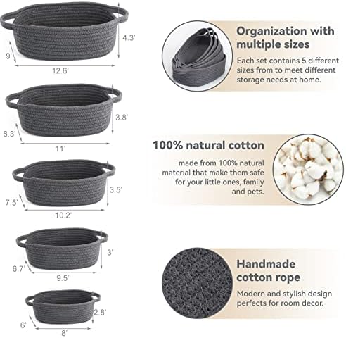 VOOWO Set of 5 Rectangular Cotton Rope Baskets for Storage, Organizing, Decorating, Dark Gray - Image 2