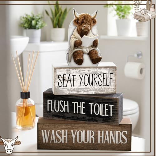 Moucuny 4 Pcs Highland Cow Bathroom Decor Funny Wooden Signs Farmhouse - Image 2