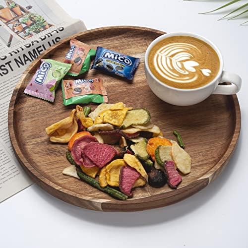 YANGQIHOME 11.8 inches Round Wood Tray, Wooden Serving Tray, Acacia Plates, Appetizer Charcuterie Board, Tray Organizer for Kitchen/Countertop, 11.8 x 11.8 x 0.8 inch - Image 4