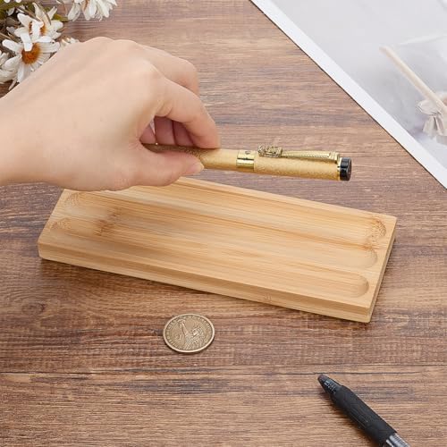 PLIGREAT 3 Grid Wood Pen Tray, Wooden Desk Pencil Organizer Holder Log Pen Stand for Office Stationery Desk Decor Retro Home Bedroom Decoration, 7.05x2.64x0.55Inch - Image 3