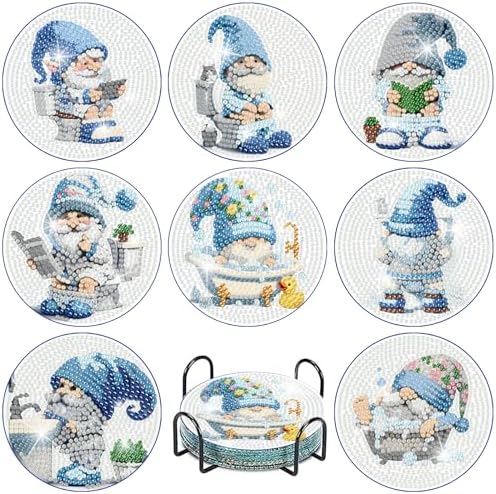 8 Pcs Diamond Art Coasters, Gnome Diamond Painting Coasters Kits for Adults Beginners, Gem Art Coasters with Holder, Funny DIY Crafts for Home Decor Warming Gifts by tigdtiu