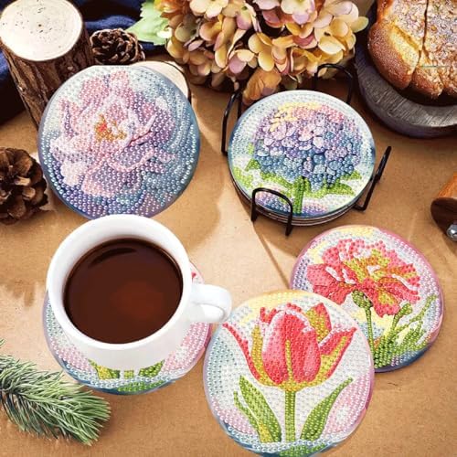 TCDZMYGS 8 Pcs Flower Diamond Art Painting Coasters Kits, Flowers Coaster with Holder for Adults, Non-Slip DIY Dot Paint Craft Kits, 5D Full Drill DIY Diamond Dot Gem Art Kit Home Decor Arts Craft - Image 2