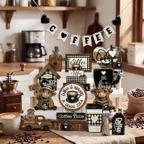 Mifoci 17 Pcs Coffee Tiered Tray Decor Farmhouse Wooden Bar Signs - Image 6