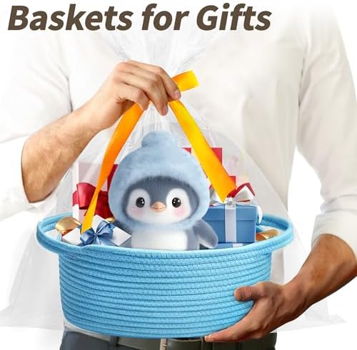 Pro Goleem Small Woven Basket with Gift Bags and Ribbons Durable Baskets for Gifts Empty Small Rope Basket for Storage 12"X 8" X 5" Baby Toy Basket with Handles, Blue - Image 2