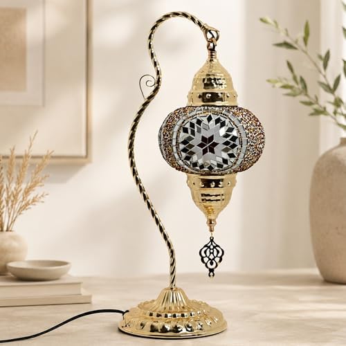 GOGERS Turkish Mosaic Table Lamp, Moroccan Style Swan Neck Bedside Lamp with Handmade Glass Shade, LED Bulb Included, Warm Ambient Decorative Accent Lamp for Bedroom, Living Room, Nightstand (Brown) - Image 4