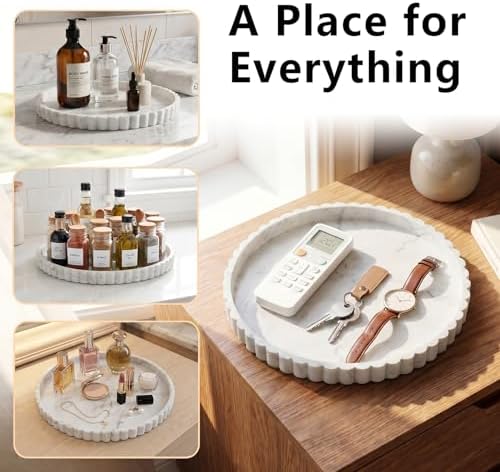 Silicone Bathroom Vanity Trays for Counter - 9.1 Inch Round Small Bathroom Tray with Scalloped Edge, Coffee Table Decor, Decorative Tray for Candle Key Skincare Perfume Storage, Marble Gray - Image 5
