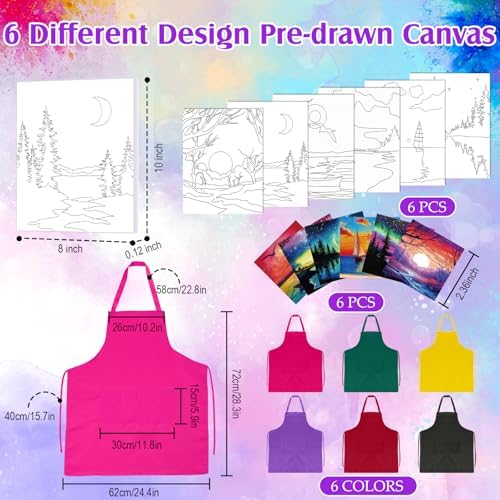 Cholemy 6 Set Paint and Sip Kit for Adults 8"x 10" Pre Drawn Canvas Painting with Wooden Easel Acrylic Paint Wash Cup Brushes Palette Apron for Painting DIY Adult's Date Party Supplies(Landscape) - Image 4