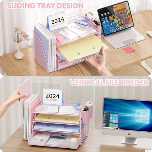 OPNICE Desk Organizer, 4-Tier Desktop File Organizer with Drawer and Pen Holders, Office Desk Accessories, File Sorters, Workspace Organizers for Office Supplies(Pink) - Image 5