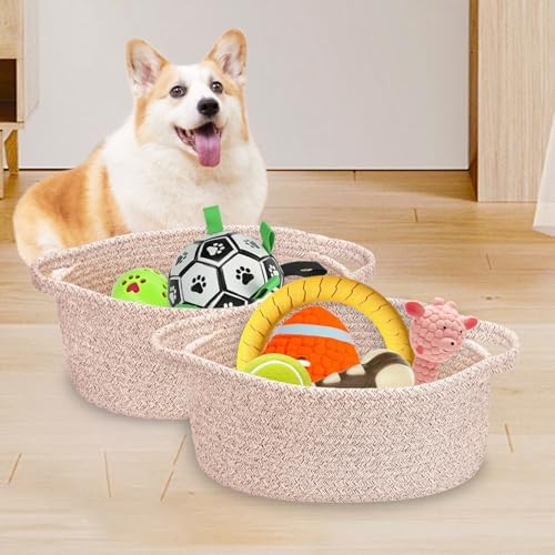 ABenkle Small Basket with Handles, Boho Decorative Rope Woven Dog Cat Toy Storage Bin Shelf Storage Organizer, Easter Christmas Gift Basket, 12"x8"x5" - Image 7