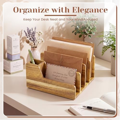 Novabright Acacia Wood Mail Organizer with Pen Holder, 5 Slot Desk File Organizer, Wooden Letter Sorter for Desk, Compact Desktop Document Holder for Home Office Storage Back to School - Image 4