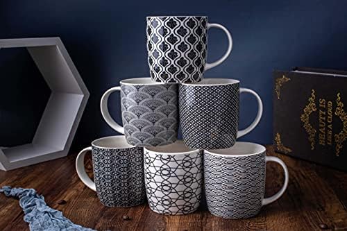 Set of 6 11.5 oz Coffee Mugs with Black and White Geometric Patterns, Ceramic Tea Cup Set - Image 6