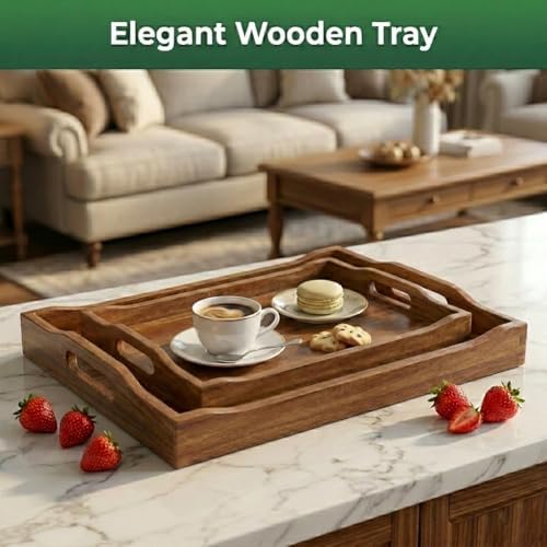 Acacia Wood Serving Tray Set of 2 with Handles for Ottoman Coffee Table - Image 7