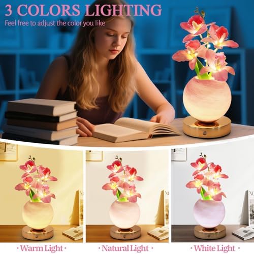 Flower Table Lamp, 3 Colors Orchid Night Light, Cordless Touch Dimming Artificial Flower with Vase Lamp, LED Bedside Night Light Romantic Gifts for Girl Women Mom (Pink Orchid) - Image 4