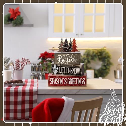 Moucuny 4 Pcs Christmas Decor Wooden Block Signs for Tiered Tray Table - Image 5