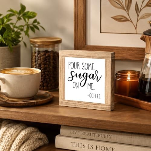 Funny Coffee Wood Sign, Pour Some Sugar On Me Plaque, Sweet Coffee Bar Decor Accent, Rustic Kitchen Counter Display For Pantry Shelf Breakfast Nook, 5.9 x 5.9 in - Image 5