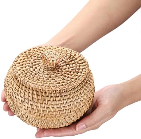 Hipiwe Round Rattan Basket Box with Lid Wicker Storage Baskets Bin, X-Small - Image 3