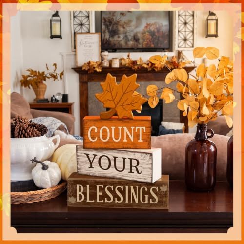 Moucuny 4 Pcs Fall Table Decoration Rustic Maple Leaf Stacked Wooden Blocks - Image 4