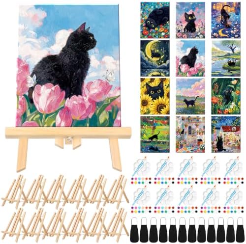 Motipuns 12 Set Black Cat Flower Pre Drawn Canvas for Paint for Adults by Motipuns