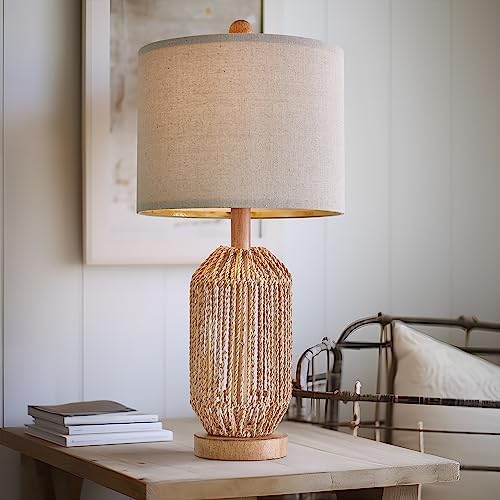 OYEARS 21" Boho Table Lamp for Living Room, Bedside Lamp for Nightstands, Rattan Lamp for Bedroom, Farmhouse Table Lamp for Room Decor, End Table, Retro, Brown, 1 Pack - Image 3