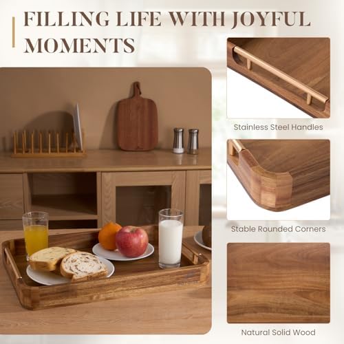 Acacia Wood Serving Tray with Handles - 17'' x 13'' Round, Decorative Ottoman Trays for Breakfast, Home Decor, Tea Party, Coffee Table, Candle Display, Kitchen Counter Board (Rectangular Wood Tray) - Image 5