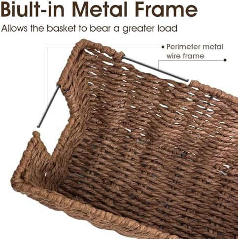 Paper Rope Storage Baskets for Shelves Organizing, Small Hand Woven Wicker Organizer Basket with Handle for Bathroom Toilet Paper Storage, Brown, 3-Pack - Image 3