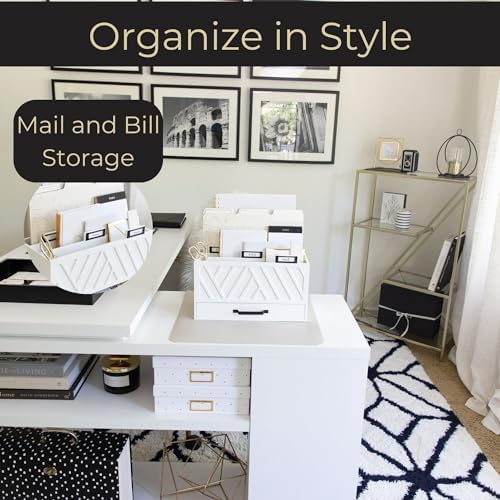 BLU MONACO | Wooden Mail Organizer with Drawer and Gold Labels | Mail Sorter Organizer Countertop for Desk | Paper and Letter Sorter for Office Storage - Image 2