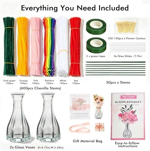 Lymoc DIY Flower Bouquet Kit with 2 Glass Vases, 600PCS Pipe Cleaners Craft Kit, 13 Colors Chenille Stems for Flower Making, Handmade Gift Kit for Girls,Teens&Adults, DIY Crafts & Home Decor - Image 6