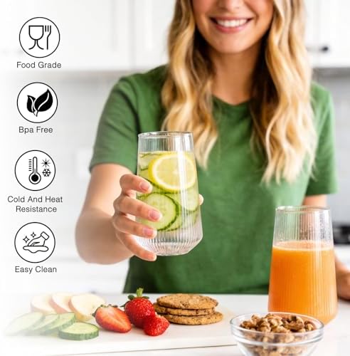 Greentainer Borosilicate Drinking Glasses Set of 6, 16 oz Clear Ribbed Highball Tumblers, Tall Glass Water Cups for Cocktail, Mojito & Long Drink, Dishwasher Safe Kitchen Drinkware & Bar Glassware - Image 7