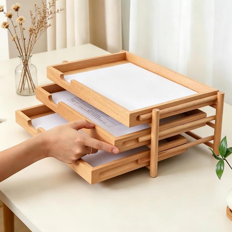 Walnut Wood Desk Organizer with 3 Drawers, Modern Minimalist Desktop Storage Tray, Multilayer Document Holder for Office Home Study, Natural Brown Wooden Desk Caddy - Image 6