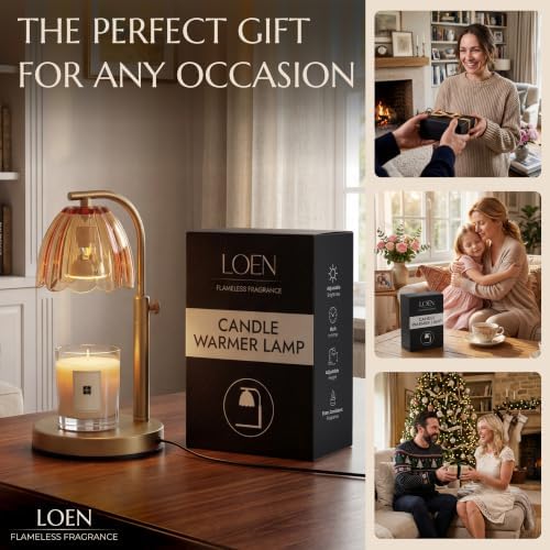 Scalloped Glass Candle Warmer Lamp with Timer (2H/4H/8H) - Dimmable & Adjustable Height - Wax Melter for Large & Small Jar Candles - 2 Bulbs - Gold Metal - Flameless Home Decor Gift for Women (Amber) - Image 6