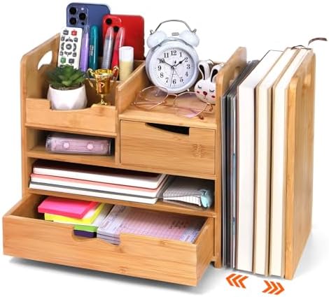 ZOOFOX Bamboo Desk Organizer with Adjustable File Holder, Mail Organizer Countertop with Drawer, 4-Tier Desktop Organization and Desk Accessories for Home Office School Supplies, No Assembly Required by zoofox