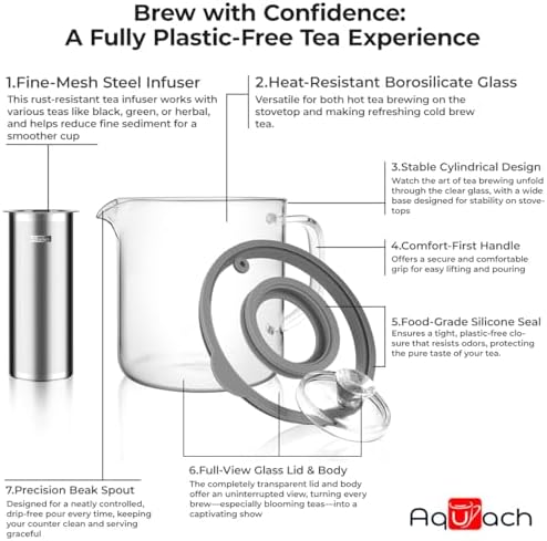 Aquach 68oz Glass Tea Pot with Infuser, Stovetop Safe Borosilicate Teapot - Image 5