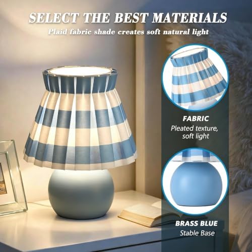 Ziqqeelam Blue White Plaid Small Bedside Table Lamp, Round Blue Base Nightstand Lamp, Cute Mini Table Lamp with Pleated Shade for Bedroom, Kitchen Counter, Bookshelf, Living Room, Kids Dorm - Image 3