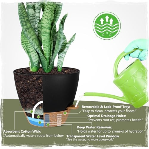 Self-Watering Pots for Indoor and Outdoor Plants 4 Pack, 6/8/10/12 Inch Planters with Water Level Indicator & Deep Reservoir, Decorative Flower Pots for Home Decor - Image 3