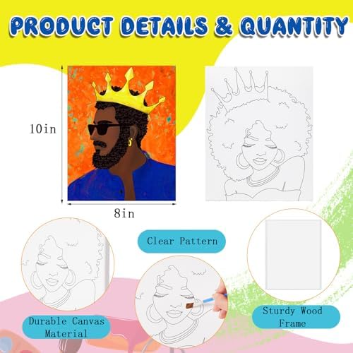 Yeaqee 13 Pcs Sip and Paint Kit for Adults Stretch Canvas Date Night Valentines Painting Kit Supplies Art Painting Set Outline Design Blank Stretch Canvas for Couple Party(Afro King Queen,8x10) - Image 3