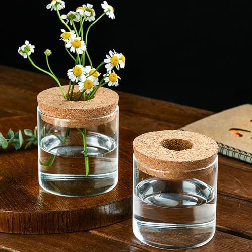Clear Glass Planter Vase with Wooden Lid and Bamboo Stand for Hydroponic Plants, Succulents, Cut Flowers Gifts for Women Mom Plant Lovers (1, 2.55 * 3.93inch) - Image 3