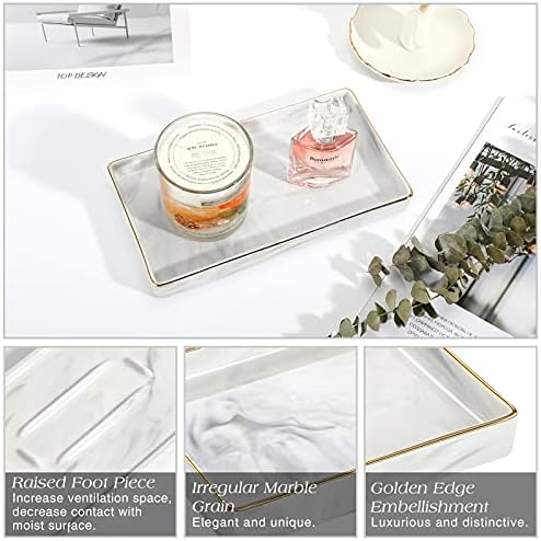 Emibele Ceramic Vanity Tray, Marble Decor Tray Bathtub Toilet Tank, Vanity Bathroom Tray Organizer Jewelry Storage Dresser Tray for Candle,Jewelry,Lotion Bottle,Perfume, Cosmetics, Small Size - Image 3