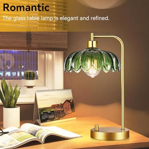 ILLMTW Glass Table Lamp Set of 2,Small Gold Bedside Lamps Dimmable Boho Bedroom Lamp with Tulip Flower Green Lamp Shade,Vintage Mid Century Modern Mini Nightstand Lamp for Bedroom Living Room - Image 3
