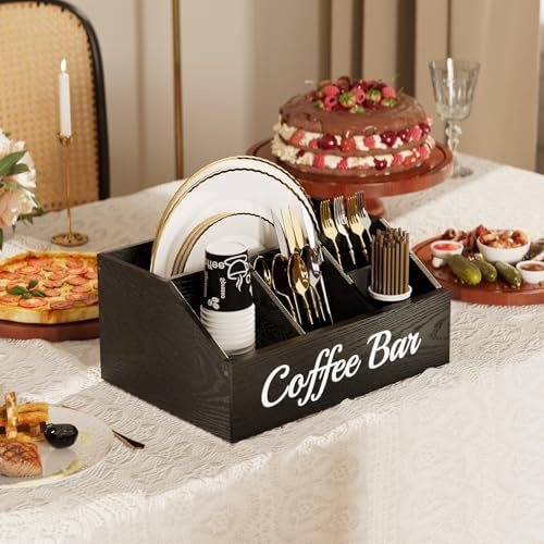 Coffee Station Organizer for Countertop – Wooden Coffee Bar Organizer with Adjustable Dividers,Holds K Cup Pod & syrup bottles, for Kitchen, Office, or Bar and Tea Station, Black - Image 5