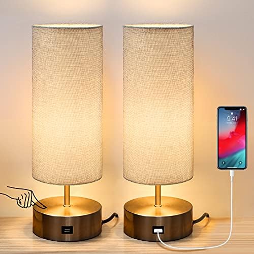 Haian Support 3-Way Dimmable Touch Control Table Lamp with USB Charging Port Set of 2,Modern Nightstand Bedside Desk Lamp with Grey Fabric Lampshade for Living Room,Bedroom,Study Room,LED Bulb Include by HaianSupport