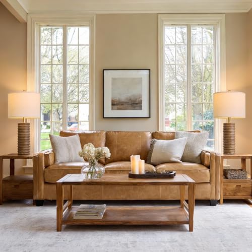 PoKat Farmhouse Table Lamps Set of 2 for Living Room, 27'' Tall Retro Ceramic Bedside Lamps with Linen Lampshade for Bedroom, Vintage Wood-Like Rustic Nightstand Lamp Office Sideboard Hallway (Brown) - Image 5
