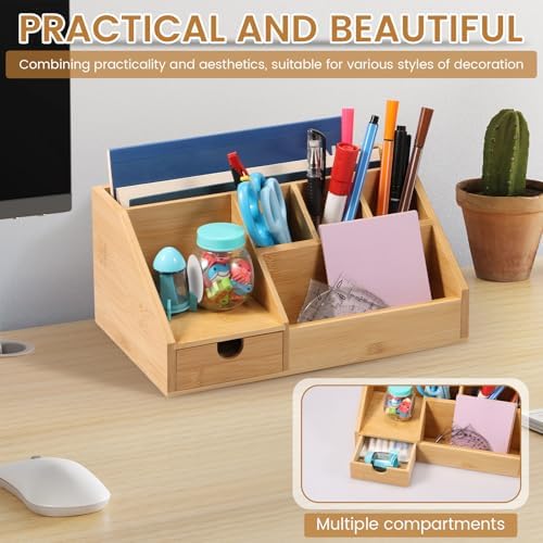 Bamboo Caddy Desk Organizer and Storage with Drawer and Compartment, Storage Shelf Rack Book Shelf for Home Office - Image 3