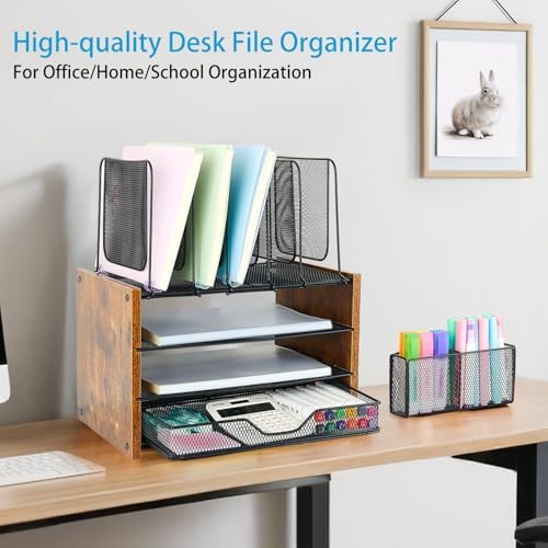 OPNICE Desk Organizer, 4-Tier Desktop File Organizer with Drawer and Pen Holders, Office Desk Accessories, File Sorters, Workspace Organizers for Office Supplies(Brown) - Image 2