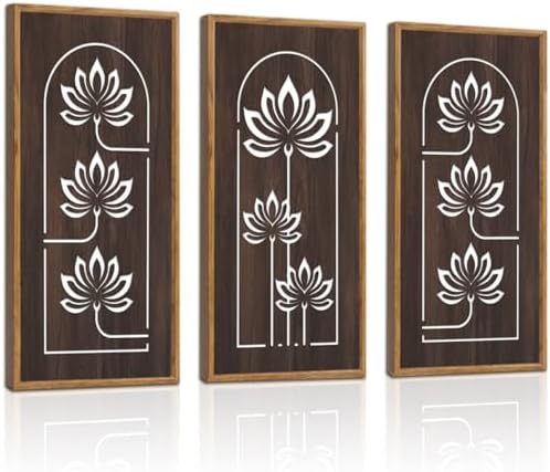 KAIRNE Lotus Wooden Wall Art,Floral Vintage Farmhouse Room Boho Decor,Set of 3(16” X 8”),Framed Mandala Lotus Flowers Wall Decor,Bohemian Retro Wood Hanging Board for Living Room Yoga room Office Decoration by KAIRNE