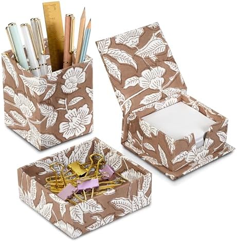 Ridhi Oak Brown Block Print Office Desk Organizer Pen & Note Holder by Ridhi