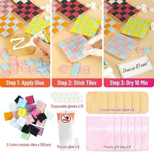 ZAIONE Mosaic Coasters Kits for Beginner: 6 Sets Mixed Color Glass Mosaic Tiles for Crafts with Wooden Coaster Base to DIY Your Own Mosaic Project for Home Decor Mother’s Day Gifts - Image 3
